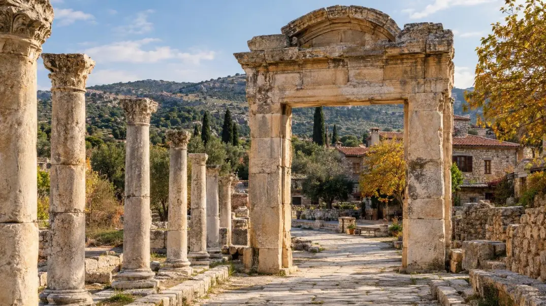 Ancient columns and village square in Uzungaburche, Silifke