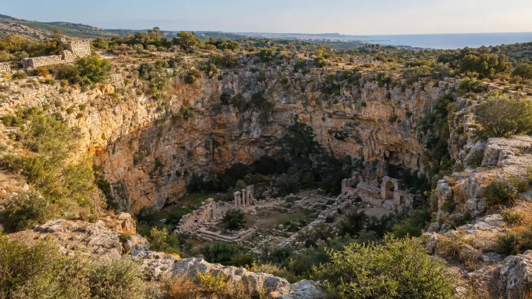 Ancient ruins at the edge of a karst sinkhole in Kanlıdivan, Erdemli district