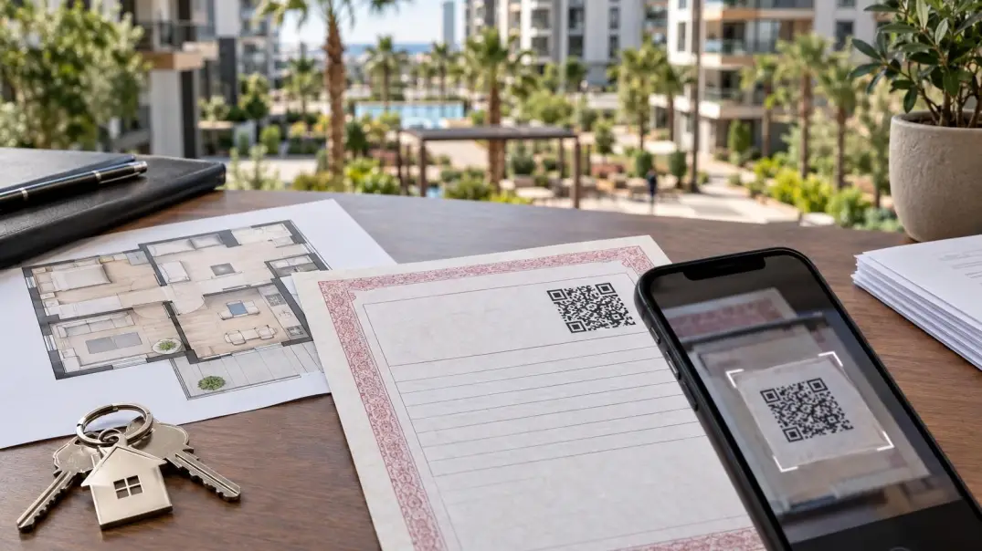 Checking the QR code on a tapu document before purchasing an apartment in Mersin