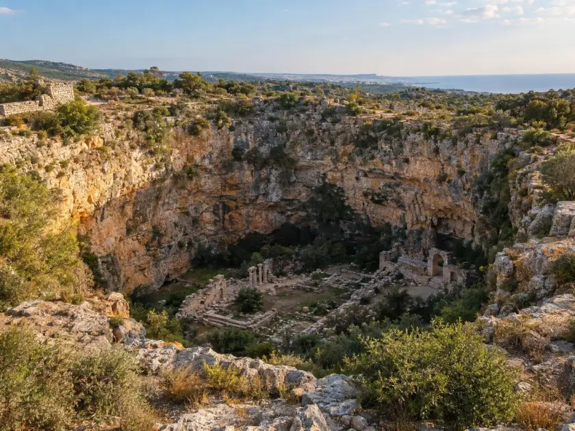 Ancient ruins at the edge of a karst sinkhole in Kanlıdivan, Erdemli district