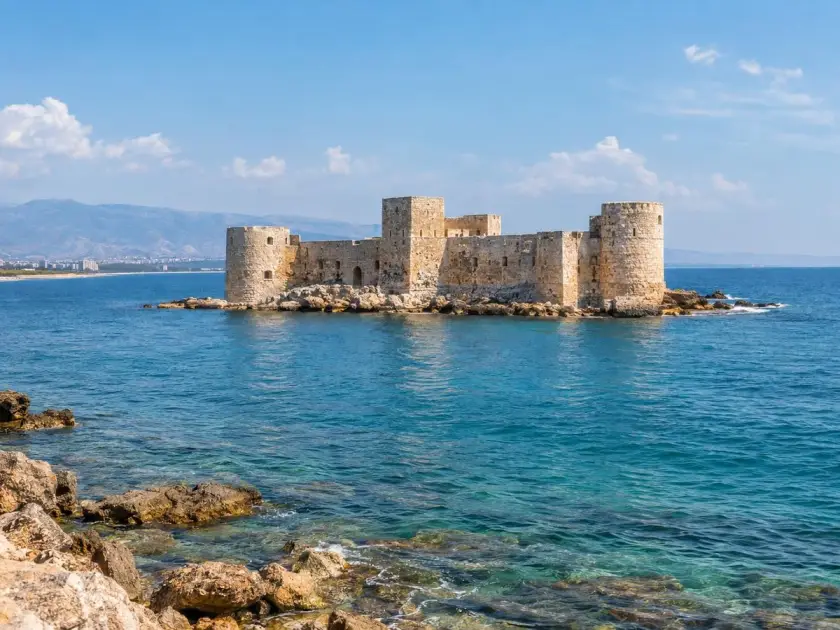 The stone-built sea fortress of Kızkalesi off the coast of Erdemli in Mersin
