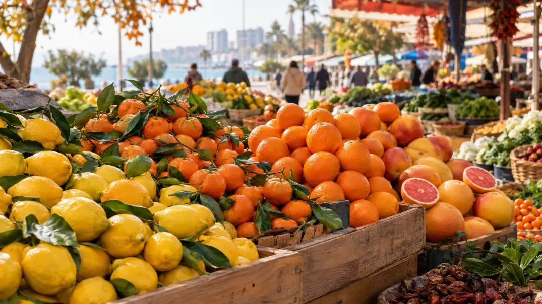 Lemons, tangerines, oranges and grapefruits at the Mersin city market in autumn