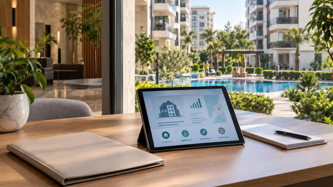 A tablet with an abstract real estate appraisal and documents in front of a city apartment in Mersin