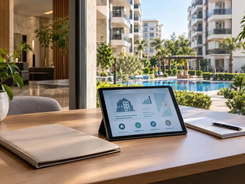 A tablet with an abstract real estate appraisal and documents in front of a city apartment in Mersin