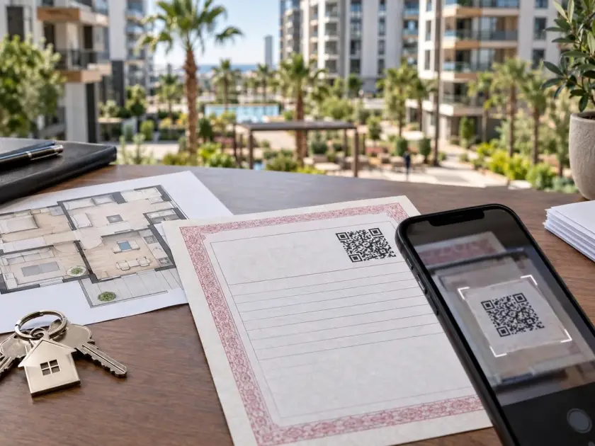 Checking the QR code on a tapu document before purchasing an apartment in Mersin