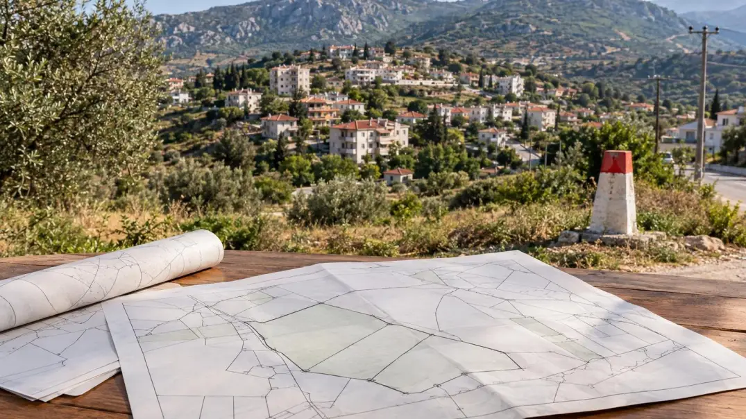 Cadastral plan and documents against the background of a generalized view of Gözne in the Toroslar district