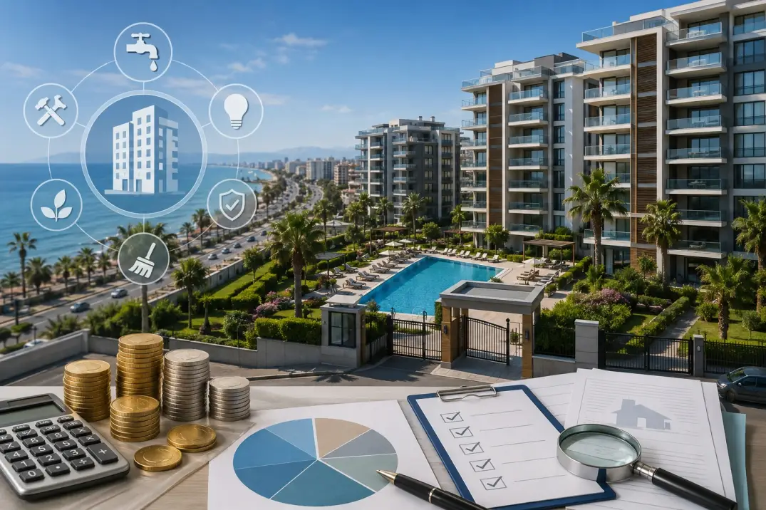 Mersin'deki modern sahil konutları, aidat ve apartman giderleri temasını örneklemektedir