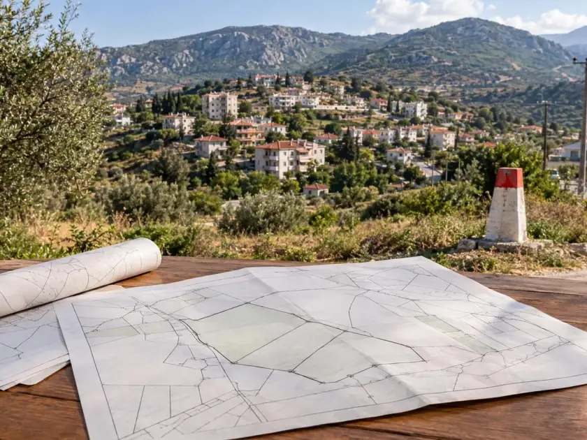 Cadastral plan and documents against the background of a generalized view of Gözne in the Toroslar district