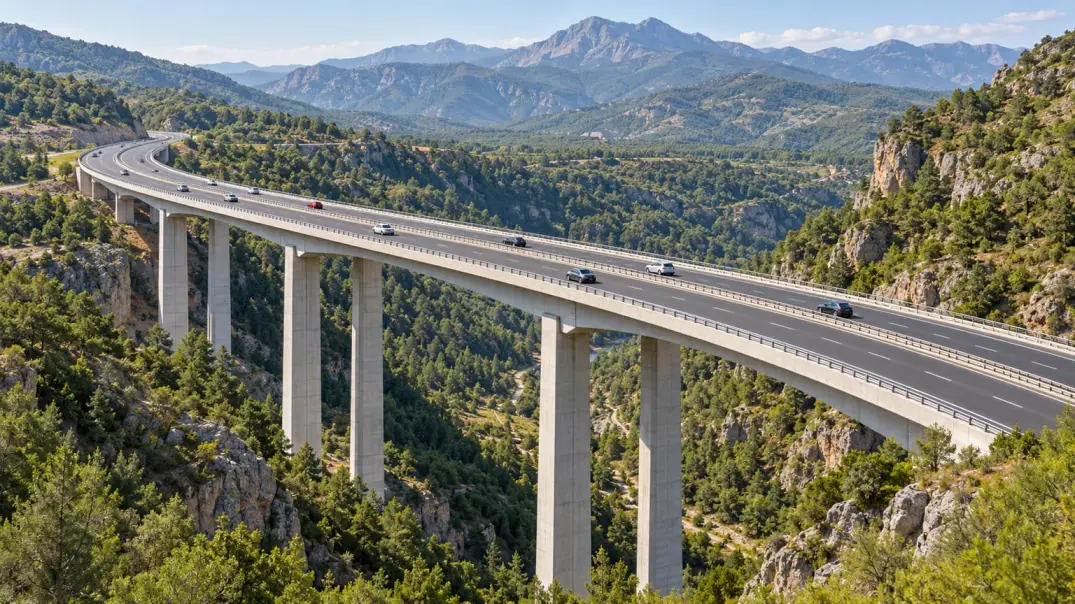 Editorial AI illustration: A road viaduct over a green mountain valley