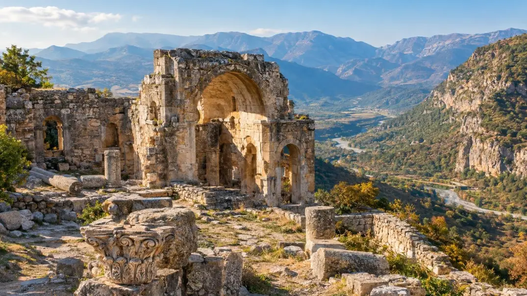 The stone ruins of Alahan Monastery on a mountain terrace above a valley in Mersin province