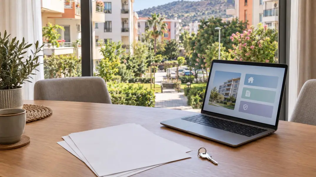 Blank documents and keys on the table for inspection of a short-term rental apartment in Mersin.