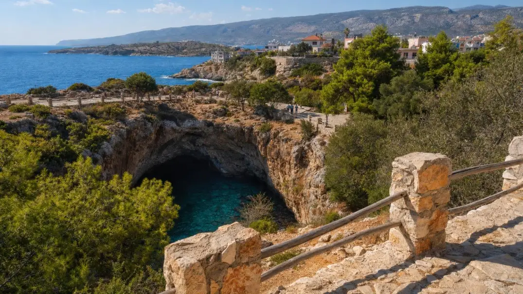Editorial visualization of the limestone sinkhole and Narlıkuyu Bay on the route from Mersin.
